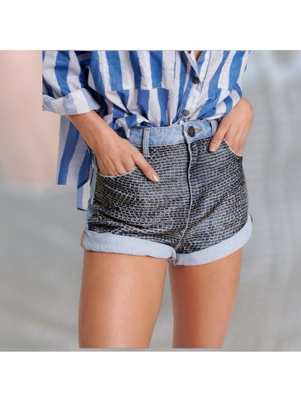 One Teaspoon Railed Sequin Bandits High Waisted Denim Shorts